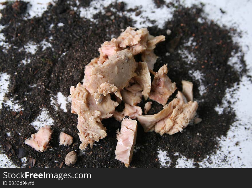 Tuna pieces fell to the ground