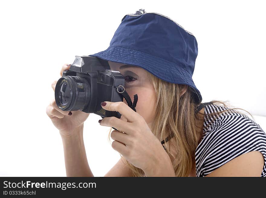 Smiling tourist woman taking photograhs. Smiling tourist woman taking photograhs