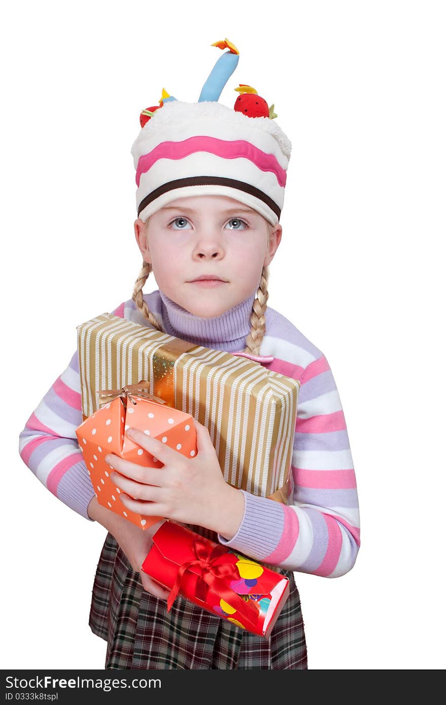 Girl with boxes of gifts in her hands on white background