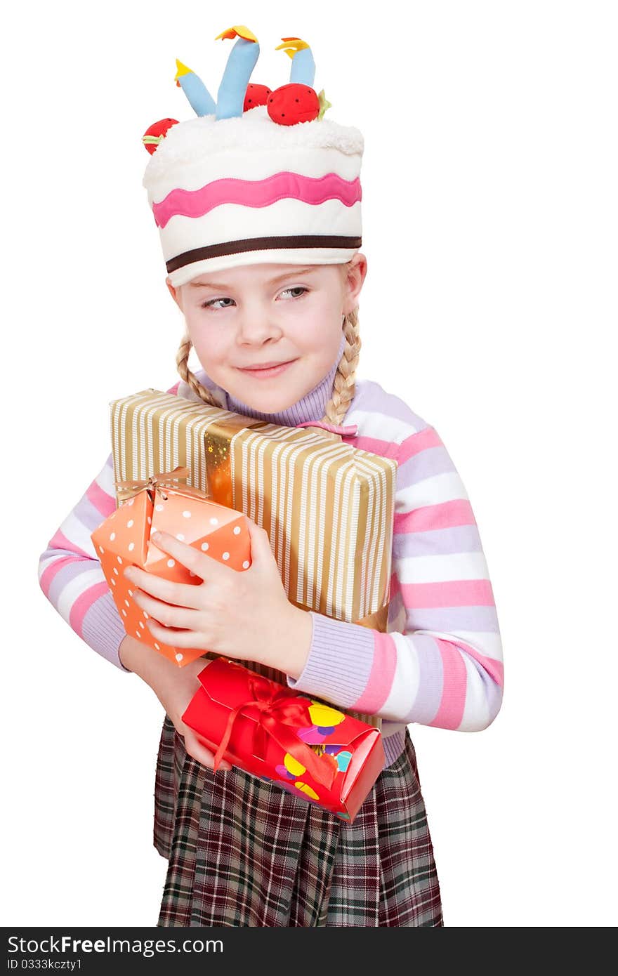 Girl with boxes of gifts in her hands on white background