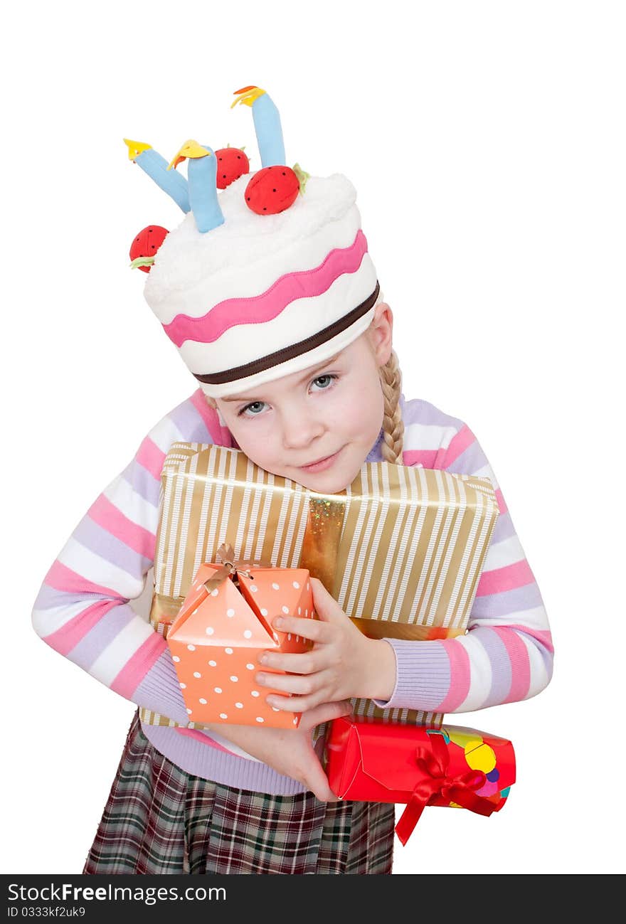 Girl with boxes of gifts in her hands on white background