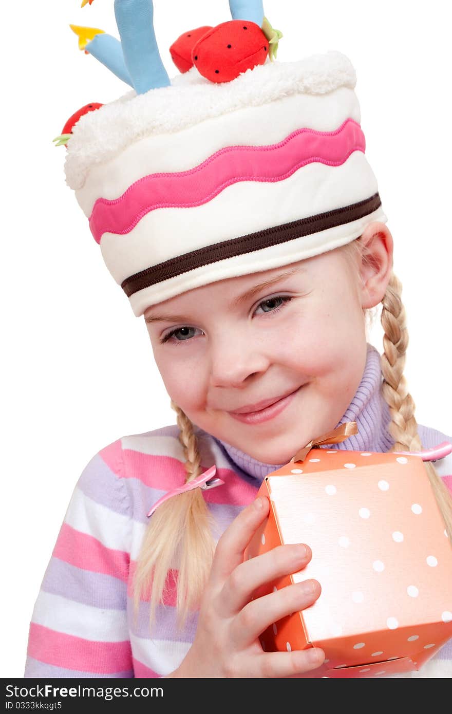 Close-up of girl with boxes of gifts in her hands on white background