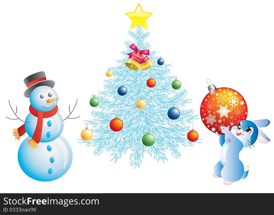 Christmas tree, a snowman and a rabbit with a ball on a white background. Christmas tree, a snowman and a rabbit with a ball on a white background.