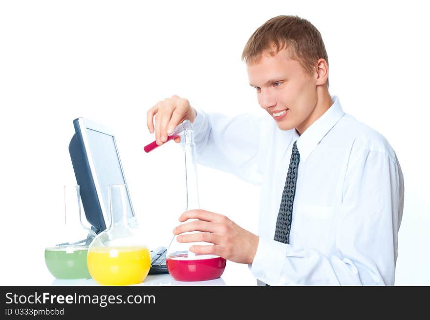 Young chemist on a white background