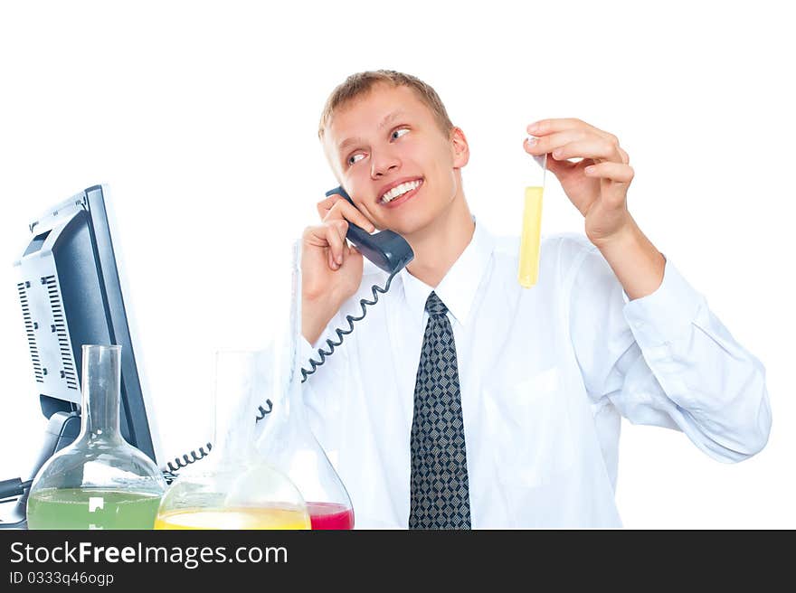 Young chemist on a white background