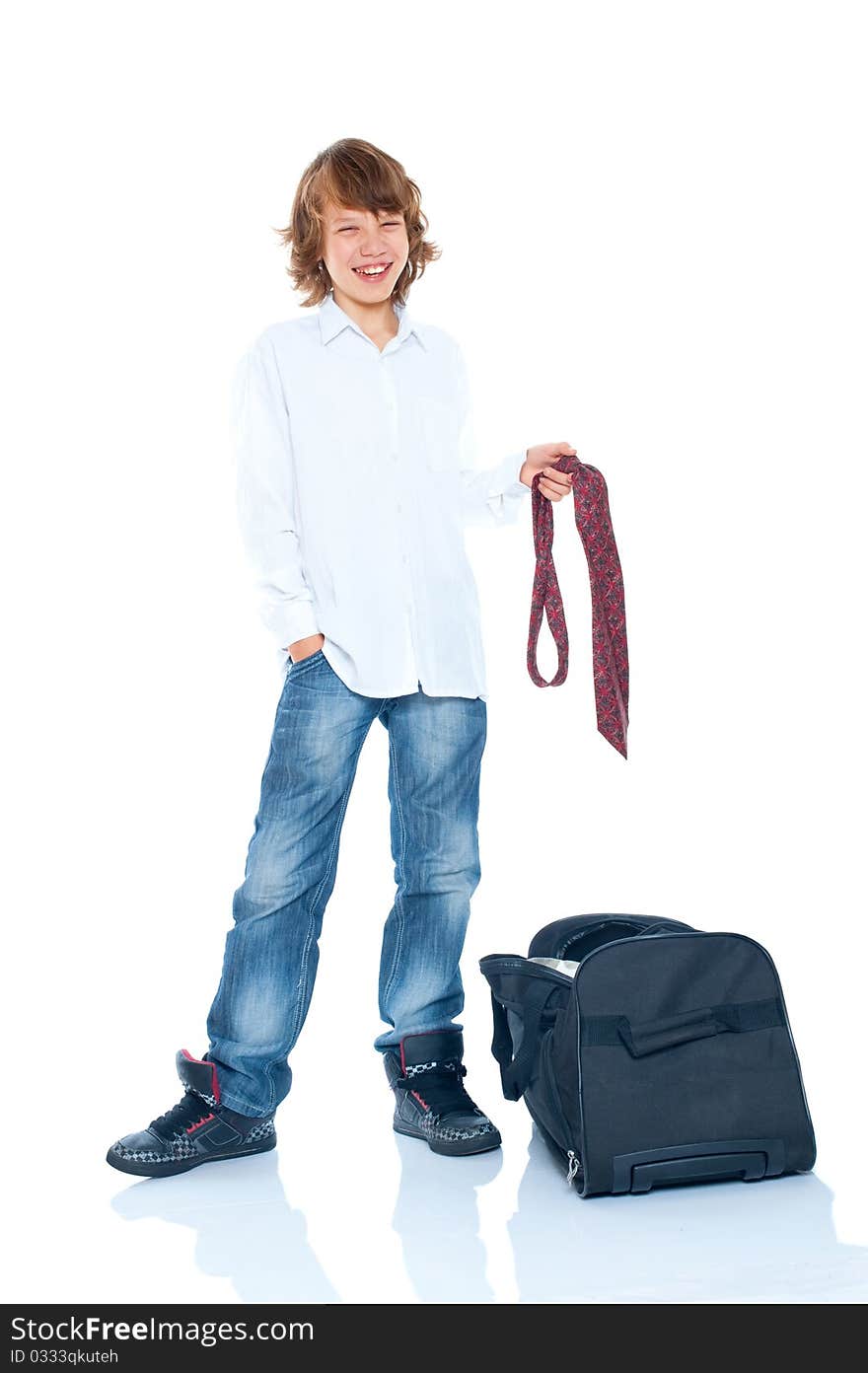 Boy traveler on a white background