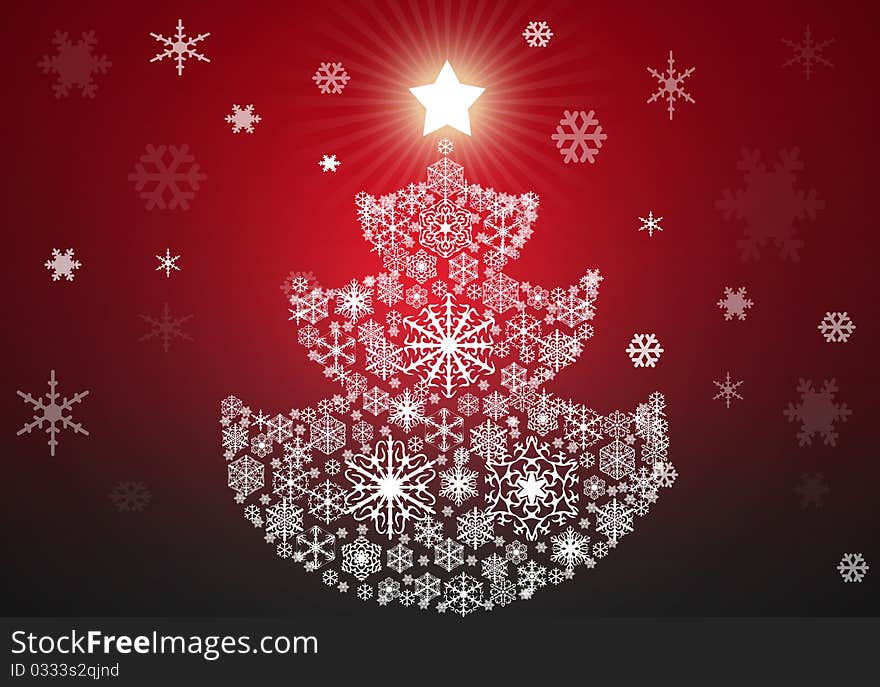 Red christmas tree background with snowflakes