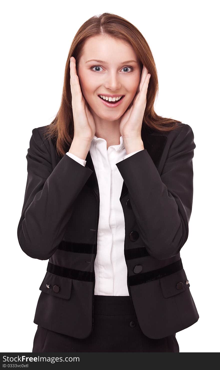 Portrait of amused business woman. Isolated on a white background.