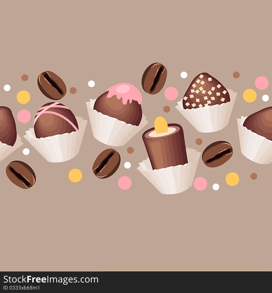 Seamless beige horizontal pattern with chocolate sweets. Seamless beige horizontal pattern with chocolate sweets