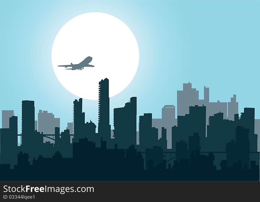 Silhouette of the city at night at sunset, and the aircraft. Silhouette of the city at night at sunset, and the aircraft