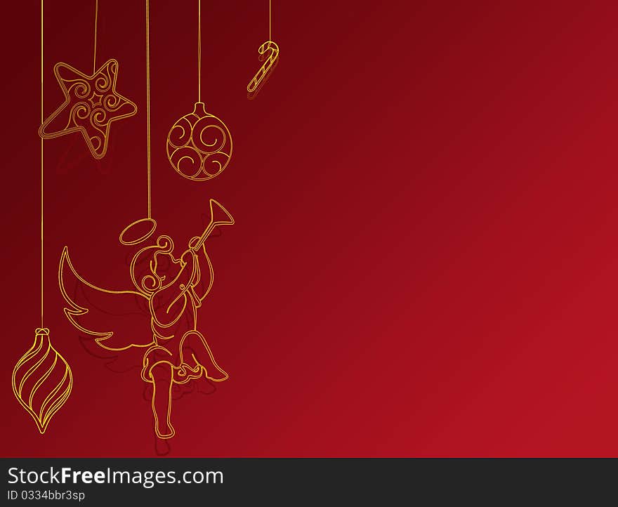 Red background with christmas balls and angel