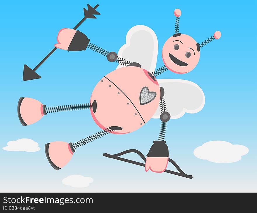 Robot Cupid Flying Through Day Sky With Bow Arrow