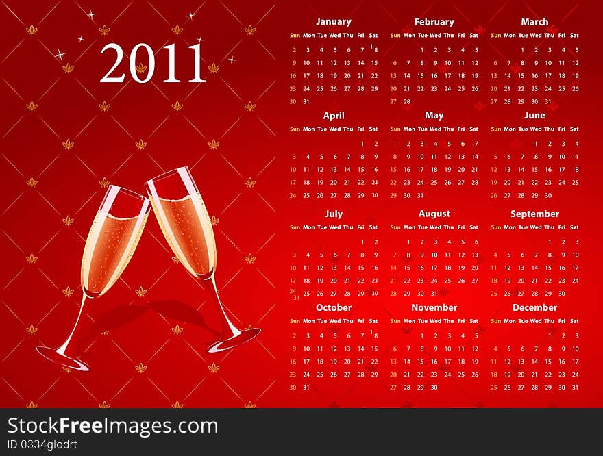 Vector Red Calendar 2011 With Champagne