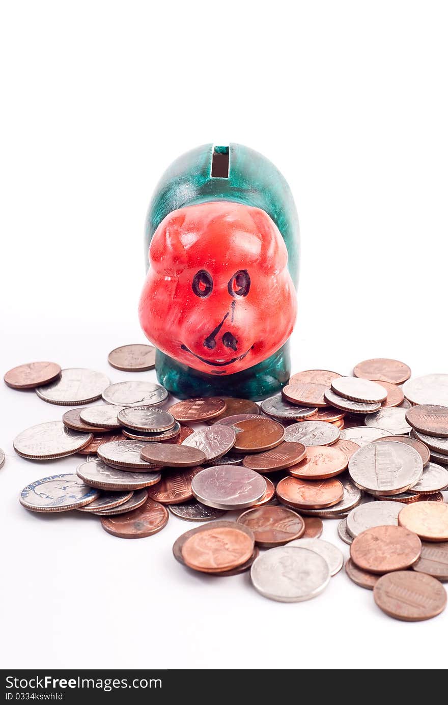 Childrens Painted Mini Piggy Bank with Scattered Coins