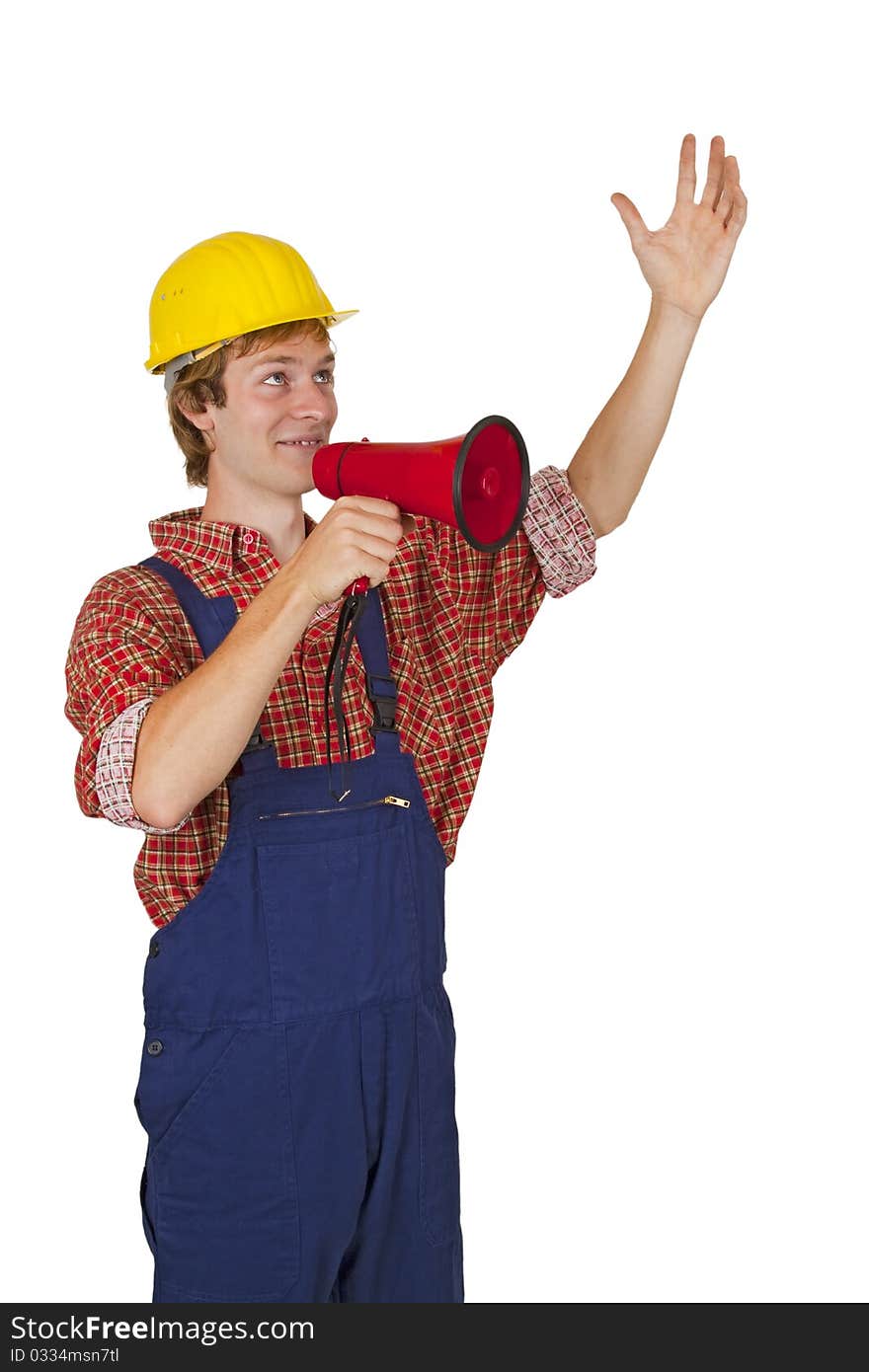 Young handcrafter with megaphone isoladet on white background. Young handcrafter with megaphone isoladet on white background