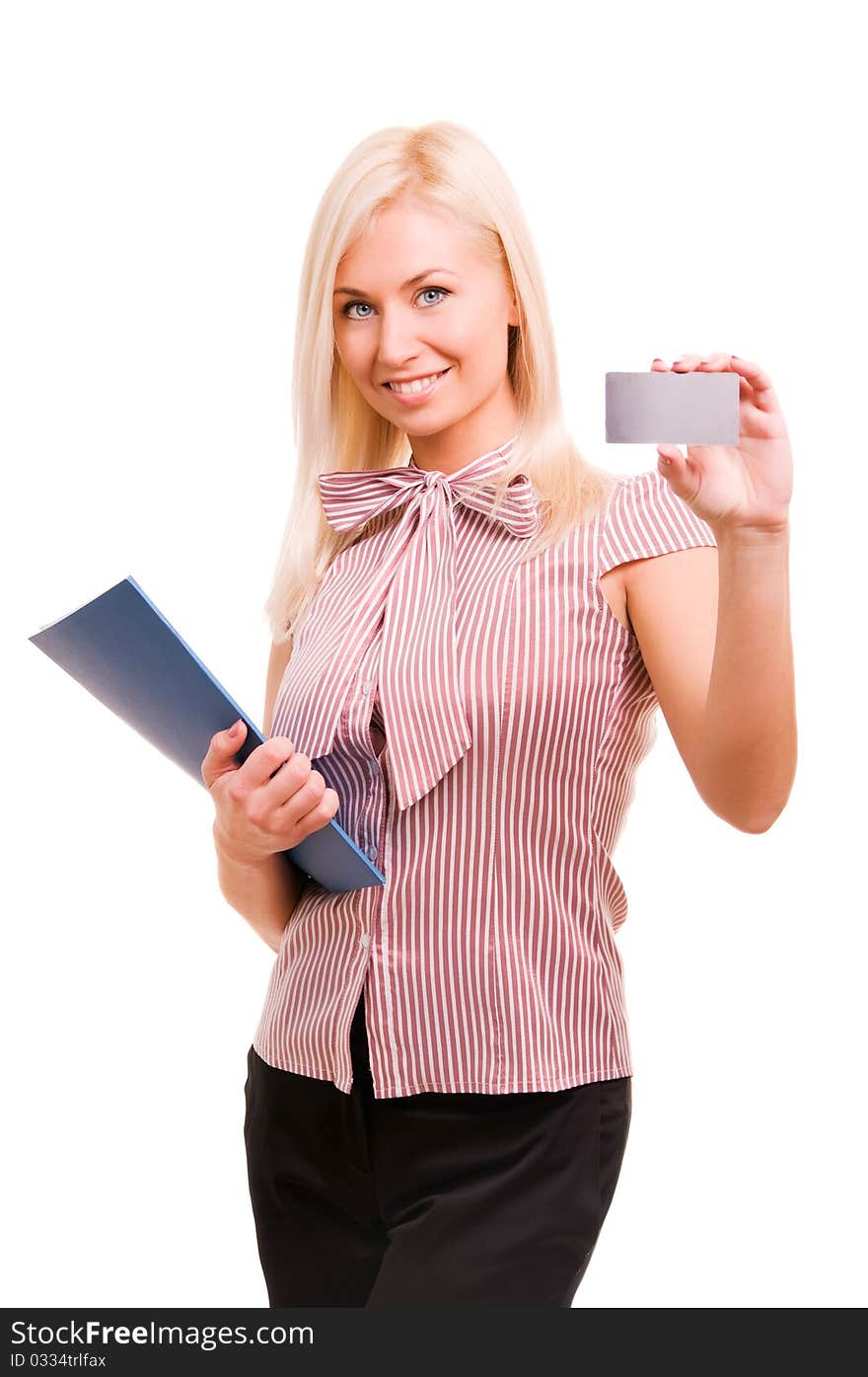 Businesswoman showing and handing a blank business card.