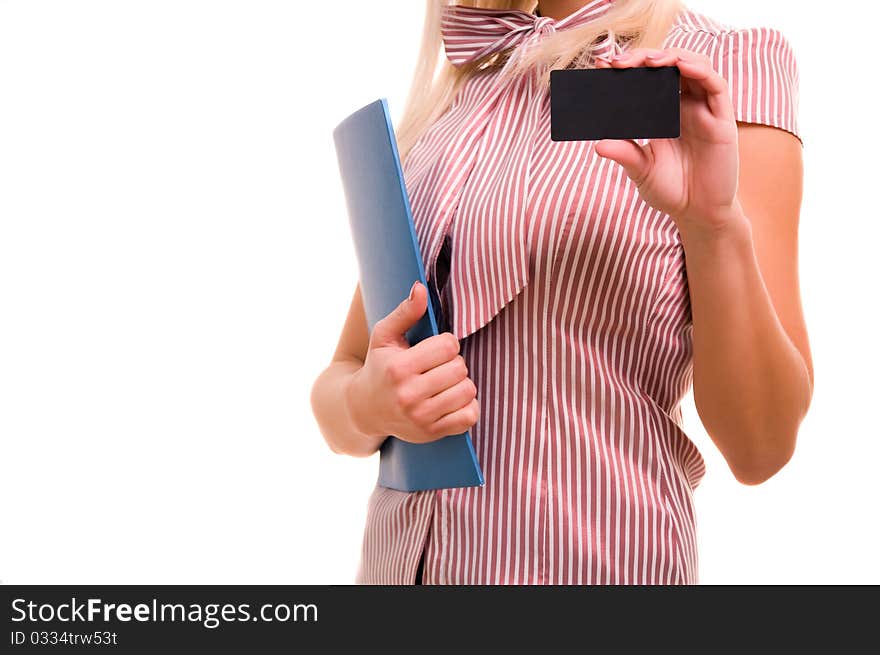 Woman Showing And Handing A Blank Business Card.