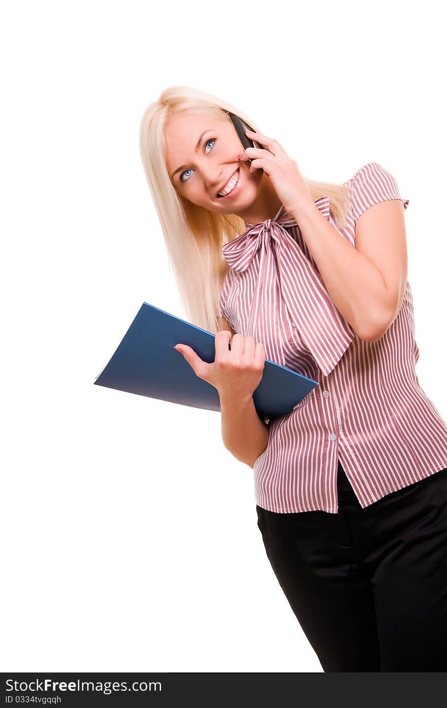 Beautiful business woman with telephone and folder isolated on white