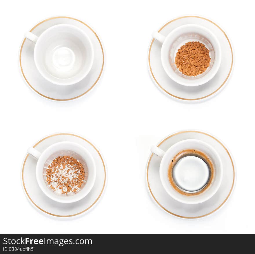 Cups are white with coffee and empty isolated on white