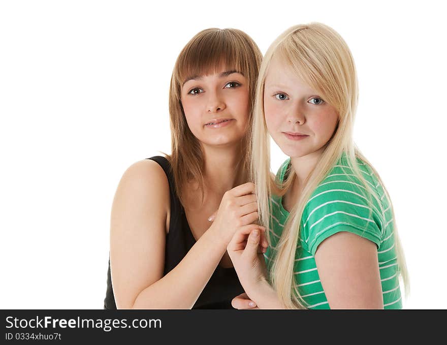 Portrait of two friends on a white background