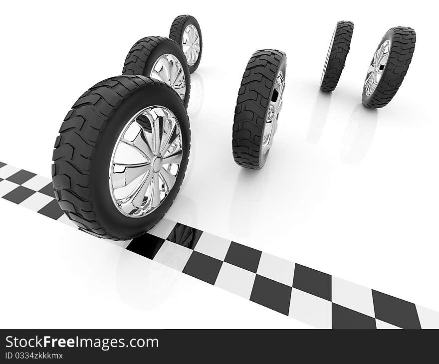 Wheel. Finish of race. Isolated , 3D. Wheel. Finish of race. Isolated , 3D