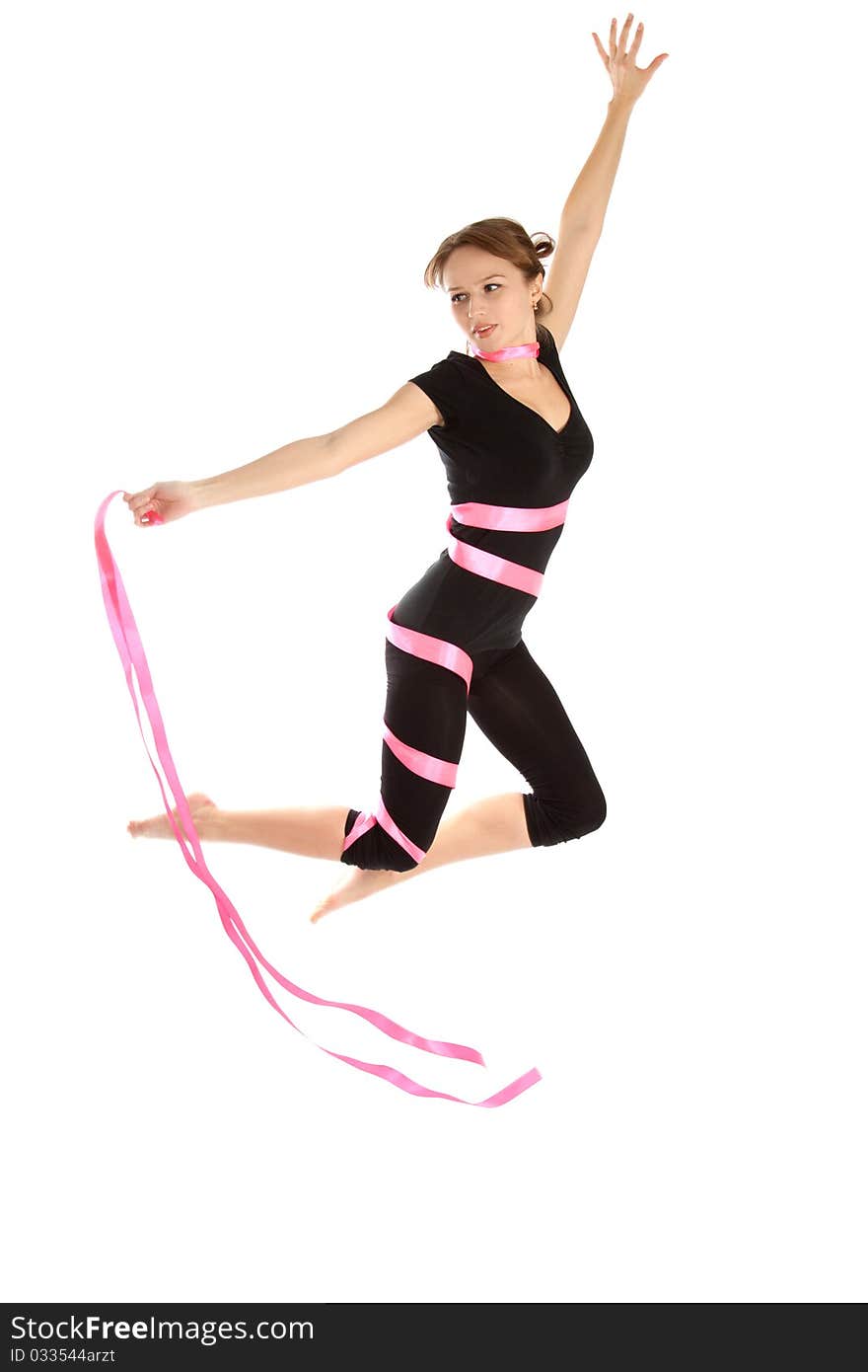 Young woman jumping from the tape.