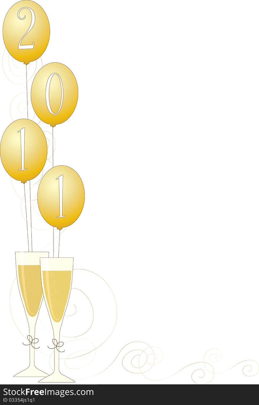 A pair of champagne glasses and balloons with 2011 written on them. A pair of champagne glasses and balloons with 2011 written on them