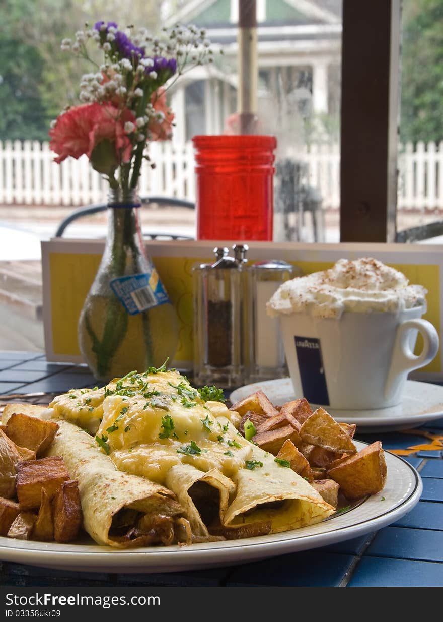 Steak crepes with scrambled eggs