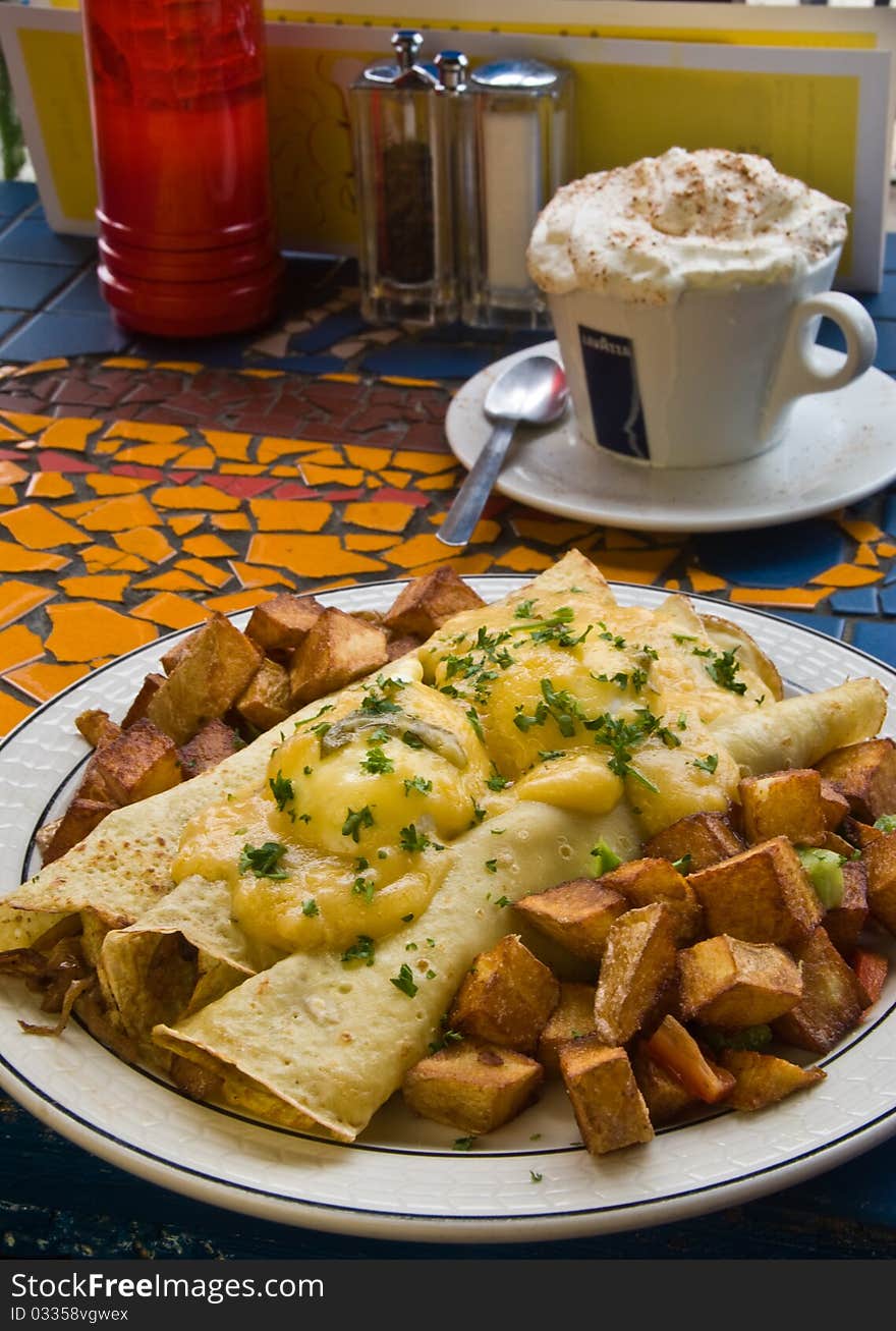 Steak crepes with scrambled eggs