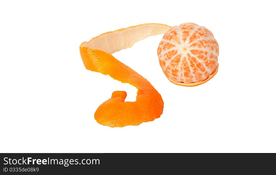 An isolated angled studio view of a peeled clementine with its peel on a white background. An isolated angled studio view of a peeled clementine with its peel on a white background.