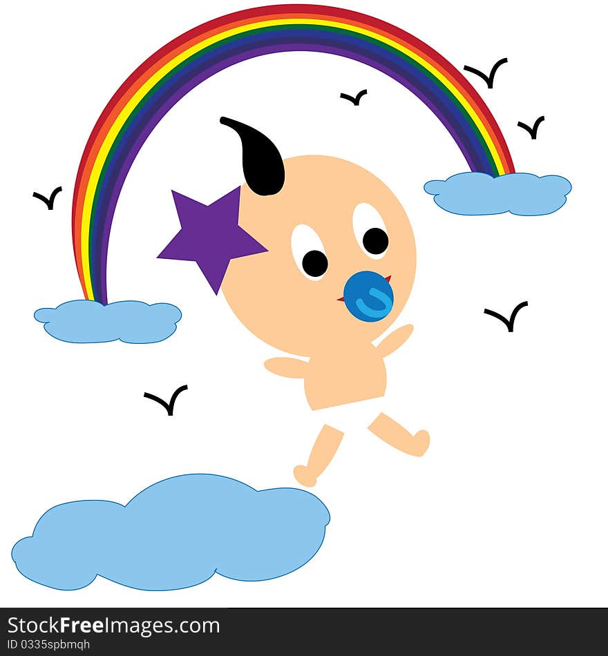 Cute baby with cute rainbow cloud and birds