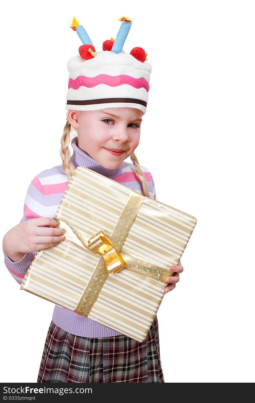 Girl with boxes of gifts in her hands on white background