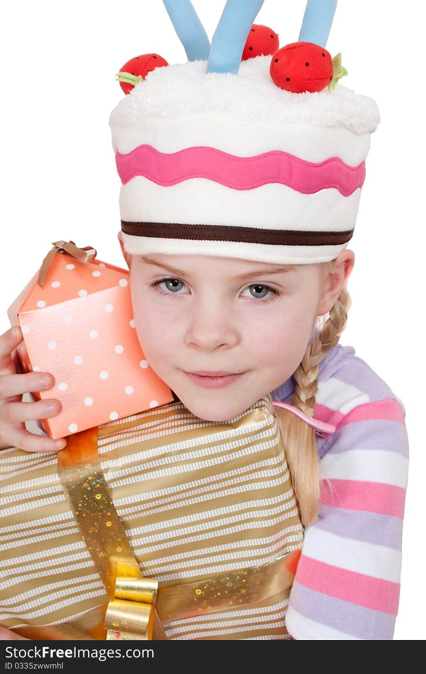 Close-up of girl with boxes of gifts in her hands on white background