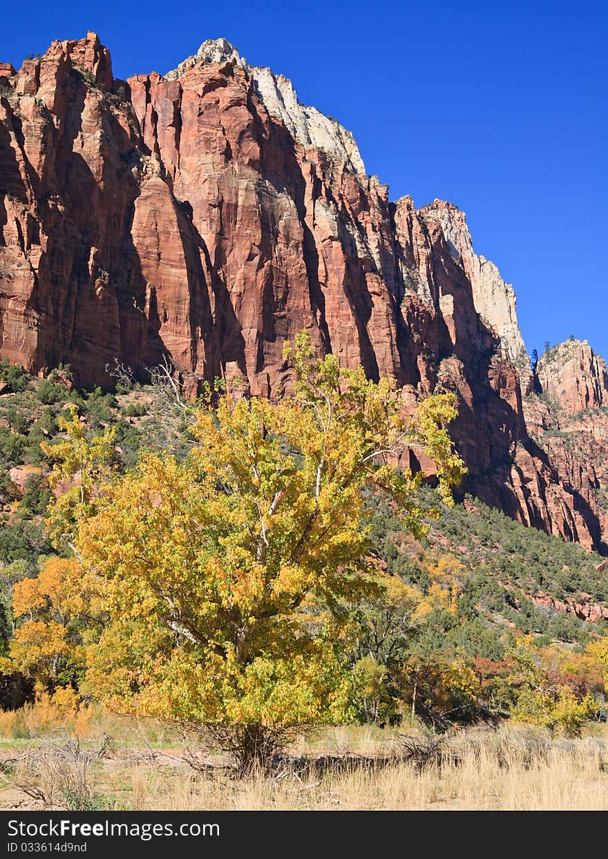 Rock formations at the Court of the Patriarchs in Zion Canyon National Park, Utah.