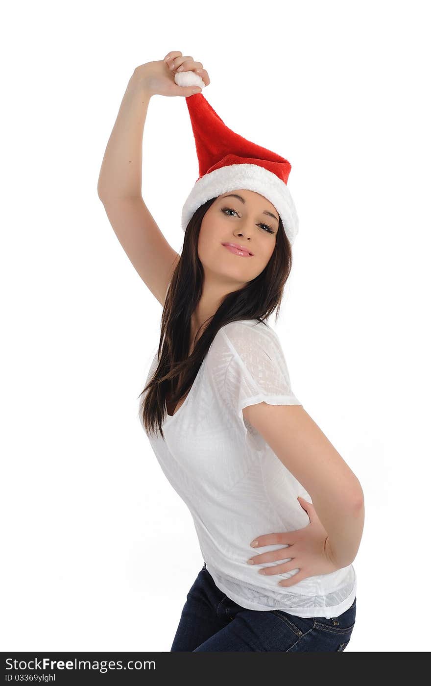 Funny pretty casual santa claus woman with red christmas hat. isolated on white background. Funny pretty casual santa claus woman with red christmas hat. isolated on white background