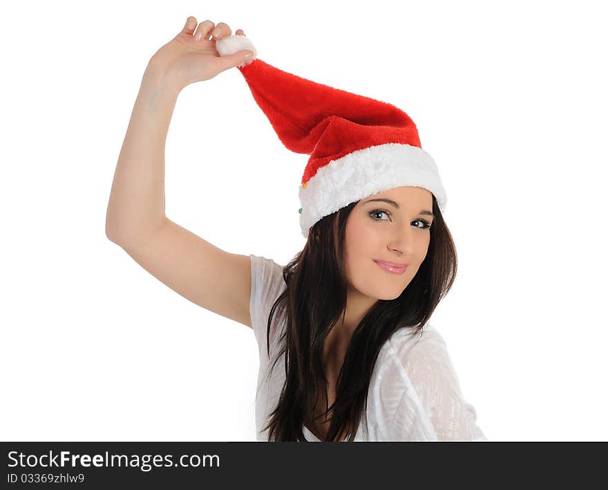 Funny pretty casual santa claus woman with red christmas hat. isolated on white background. Funny pretty casual santa claus woman with red christmas hat. isolated on white background