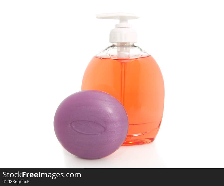 Plastic pump soap bottle without label on white