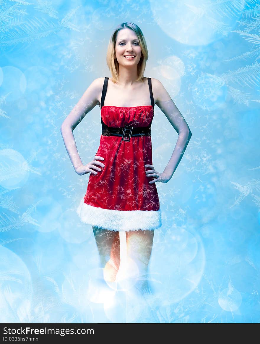 Girl In Santa Claus Clothes On Snow Pattern