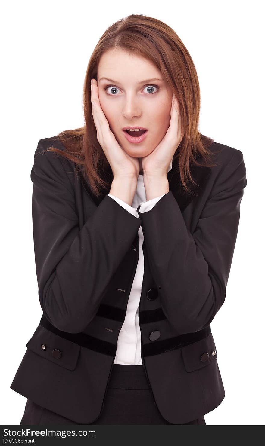 Portrait of frightened young business woman. Isolated on a white background. Portrait of frightened young business woman. Isolated on a white background.