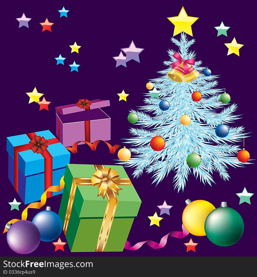 Christmas tree, boxes with gifts and balloons on a blue background. Christmas tree, boxes with gifts and balloons on a blue background.