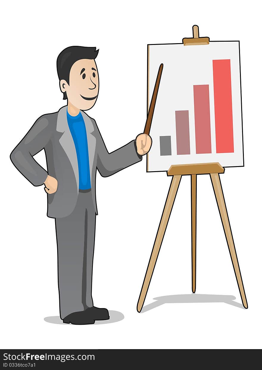 Vector businessman making a positive report at the easel. Vector businessman making a positive report at the easel