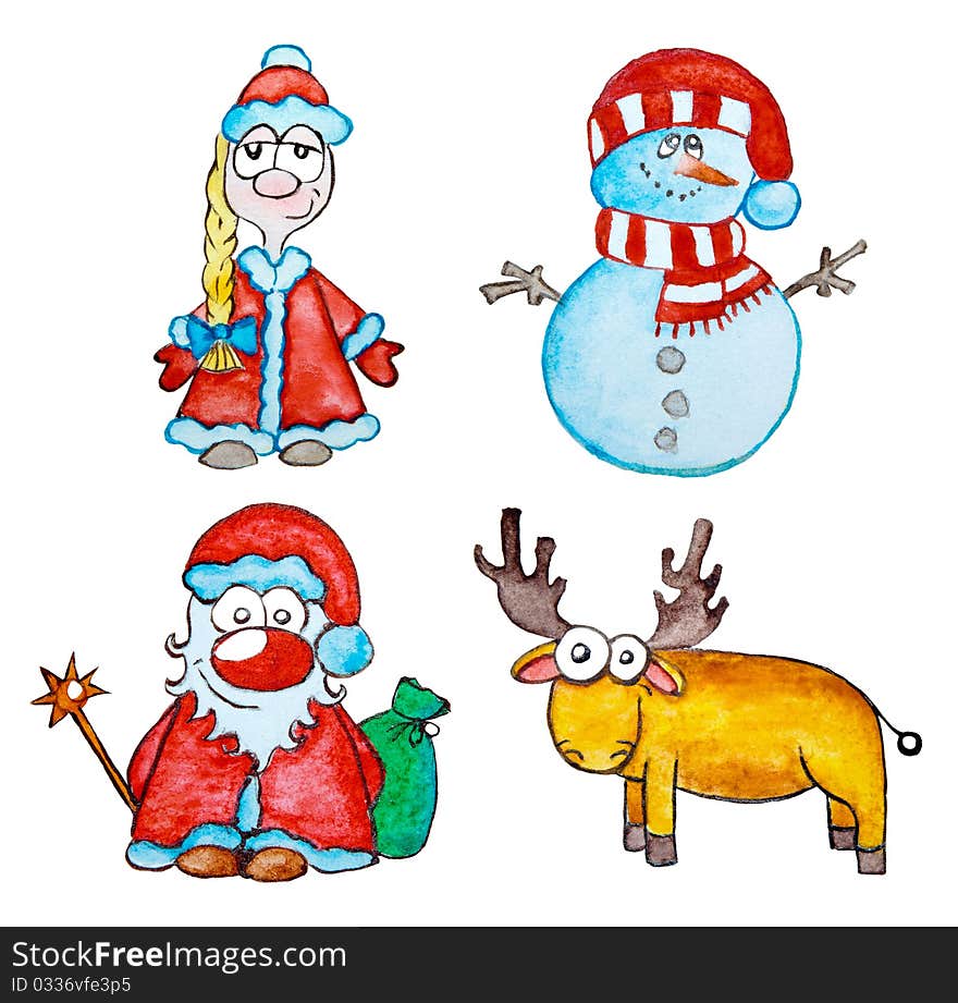 Watercolor Christmas: Snowman, Snow Maiden, Santa and reindeer. Watercolor Christmas: Snowman, Snow Maiden, Santa and reindeer