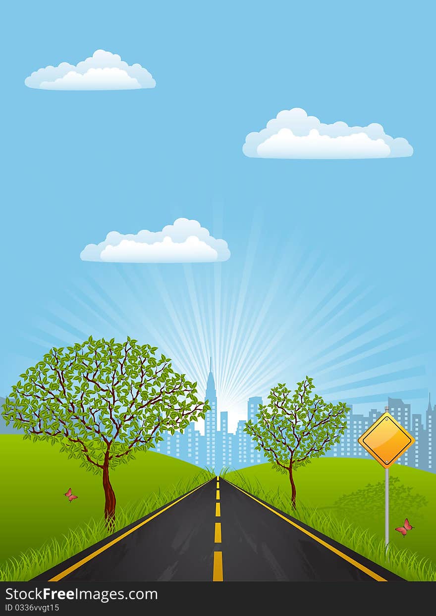 Summer landscape with a highway. Vector illustration.