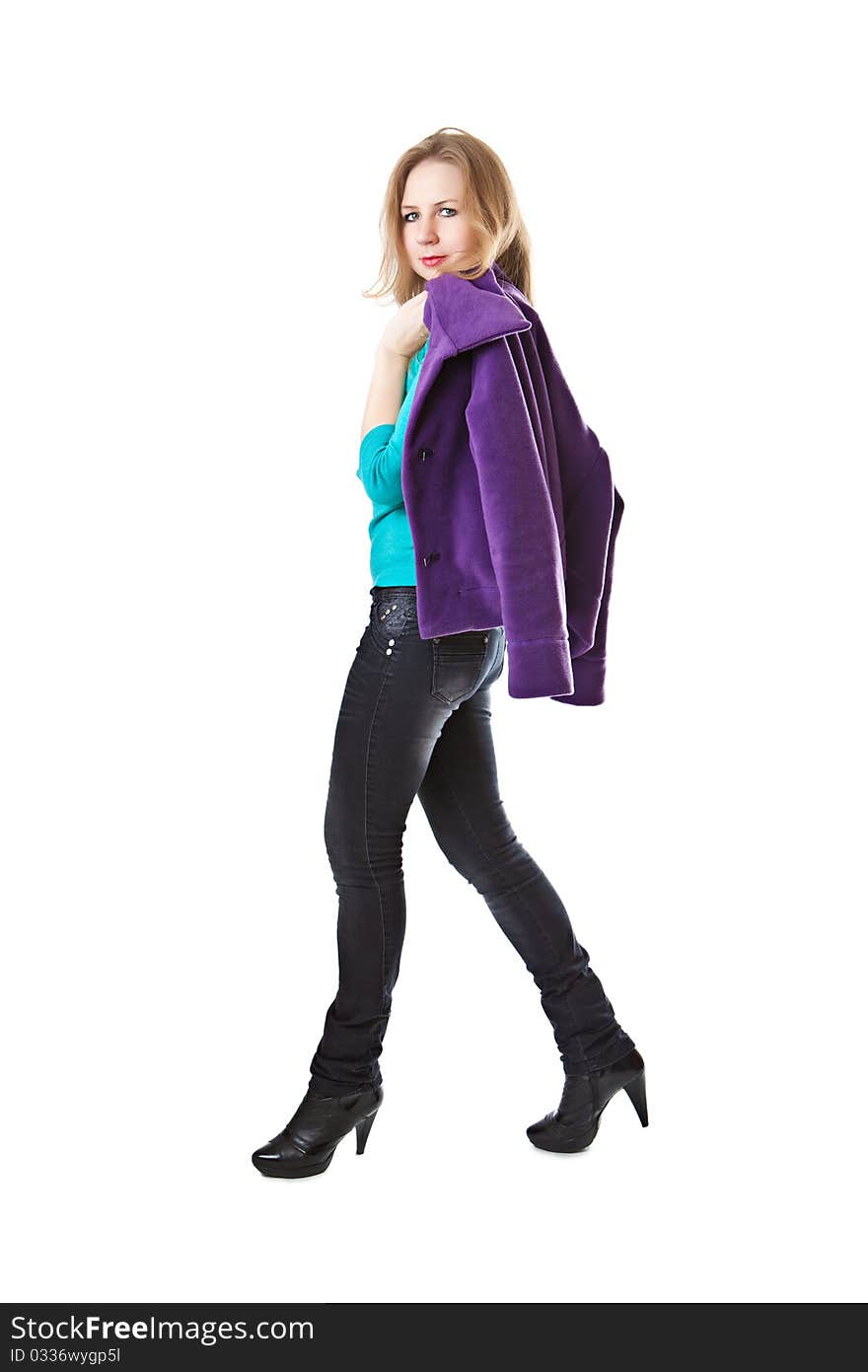 Girl in a purple jacket isolated on a white background. Girl in a purple jacket isolated on a white background