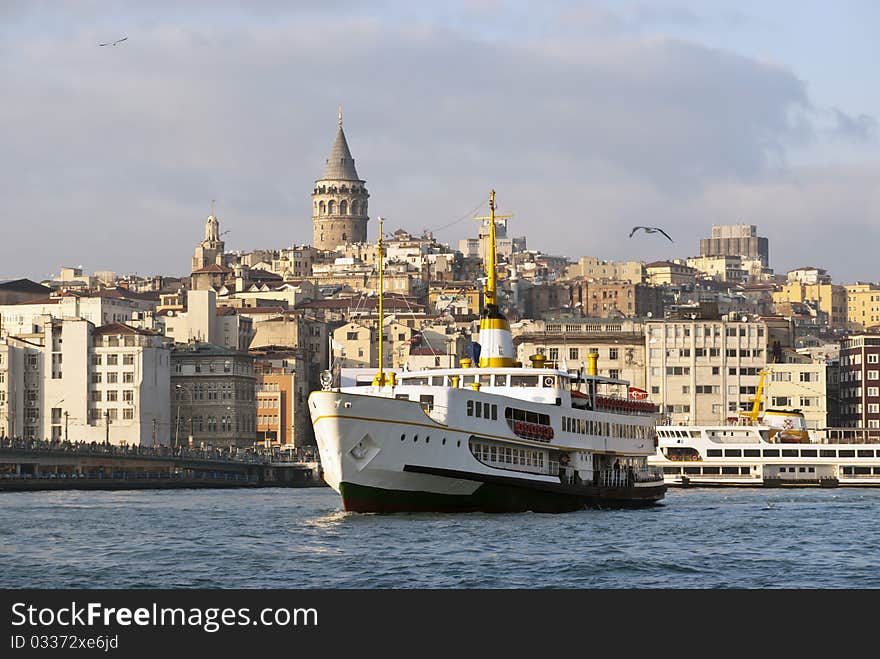 Galata Tower and Passenger Ship