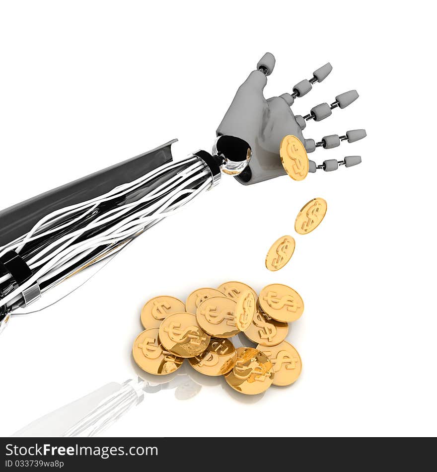 Working hand, pouring coins on a white background