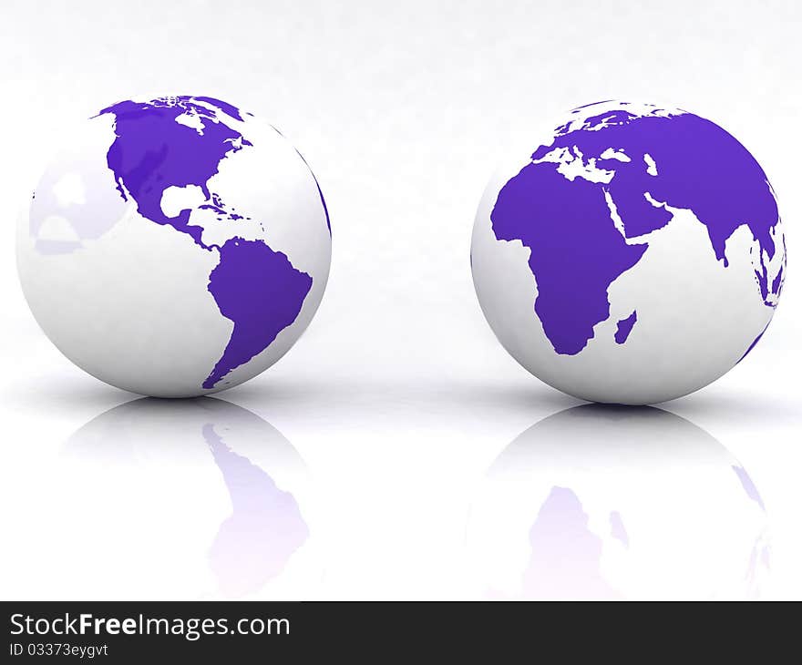 Two globes of Earth, isolated on a white