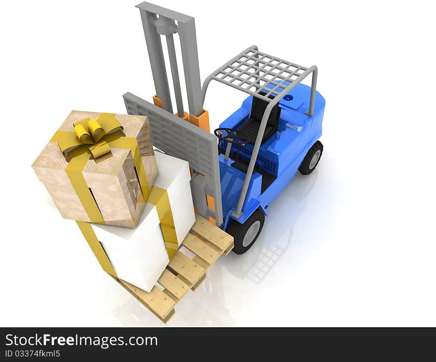 Forklift with gifts boxes is isolated on a white background