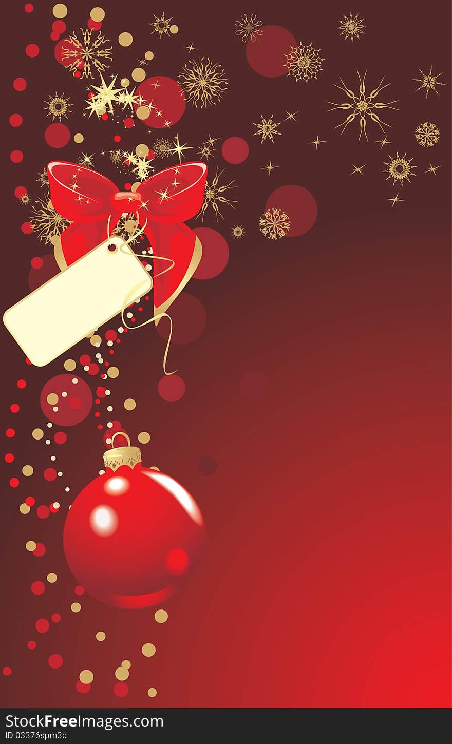 Red ball with bow and Christmas tinsel. Background for card. Illustration