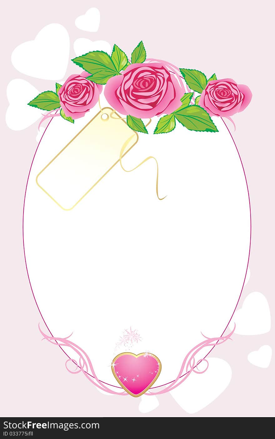 Bouquet of pink roses with card and heart. Valentines card. Illustration